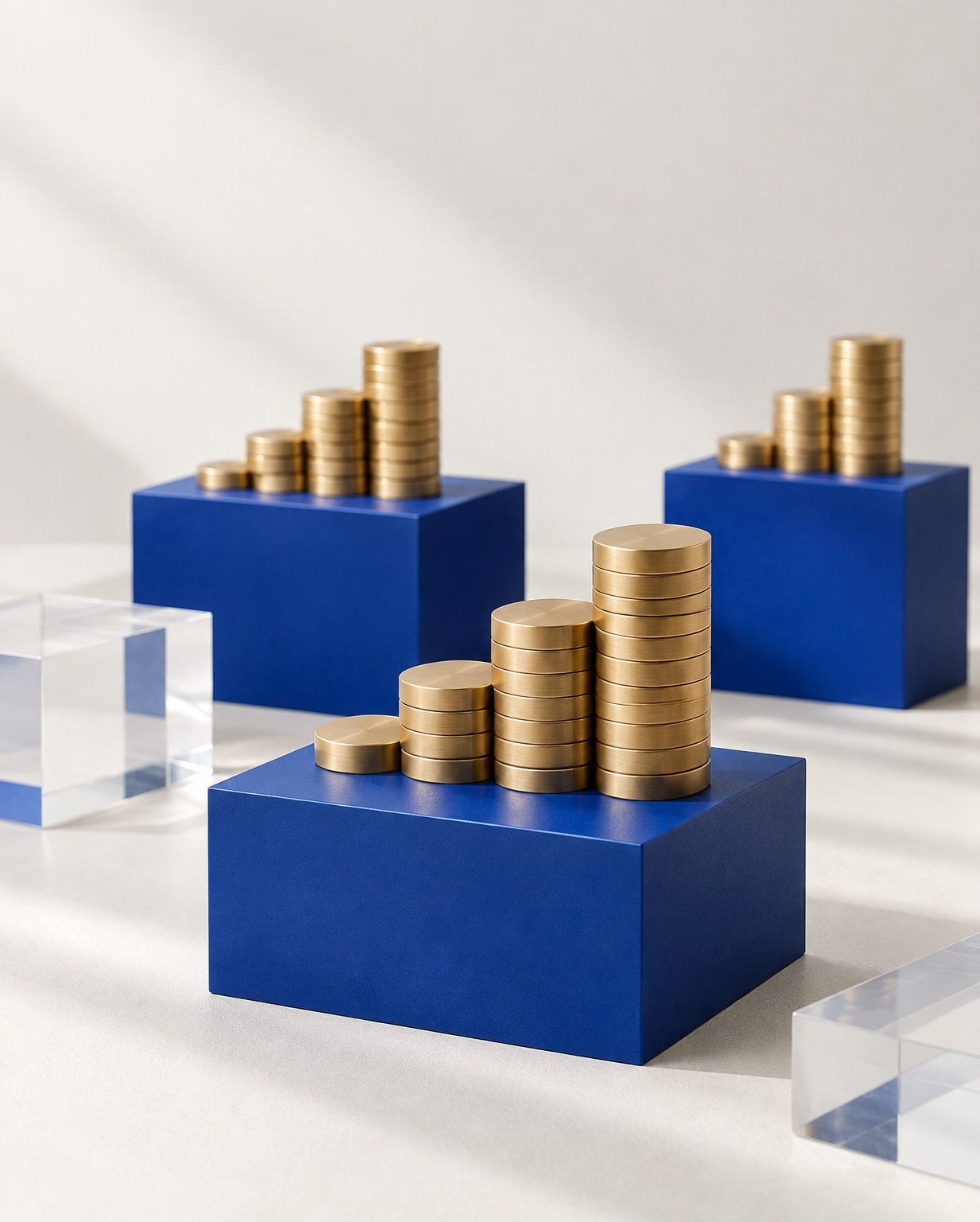 A clean studio arrangement of solid brass tokens stacked on blue geometric pedestals over a neutral surface.